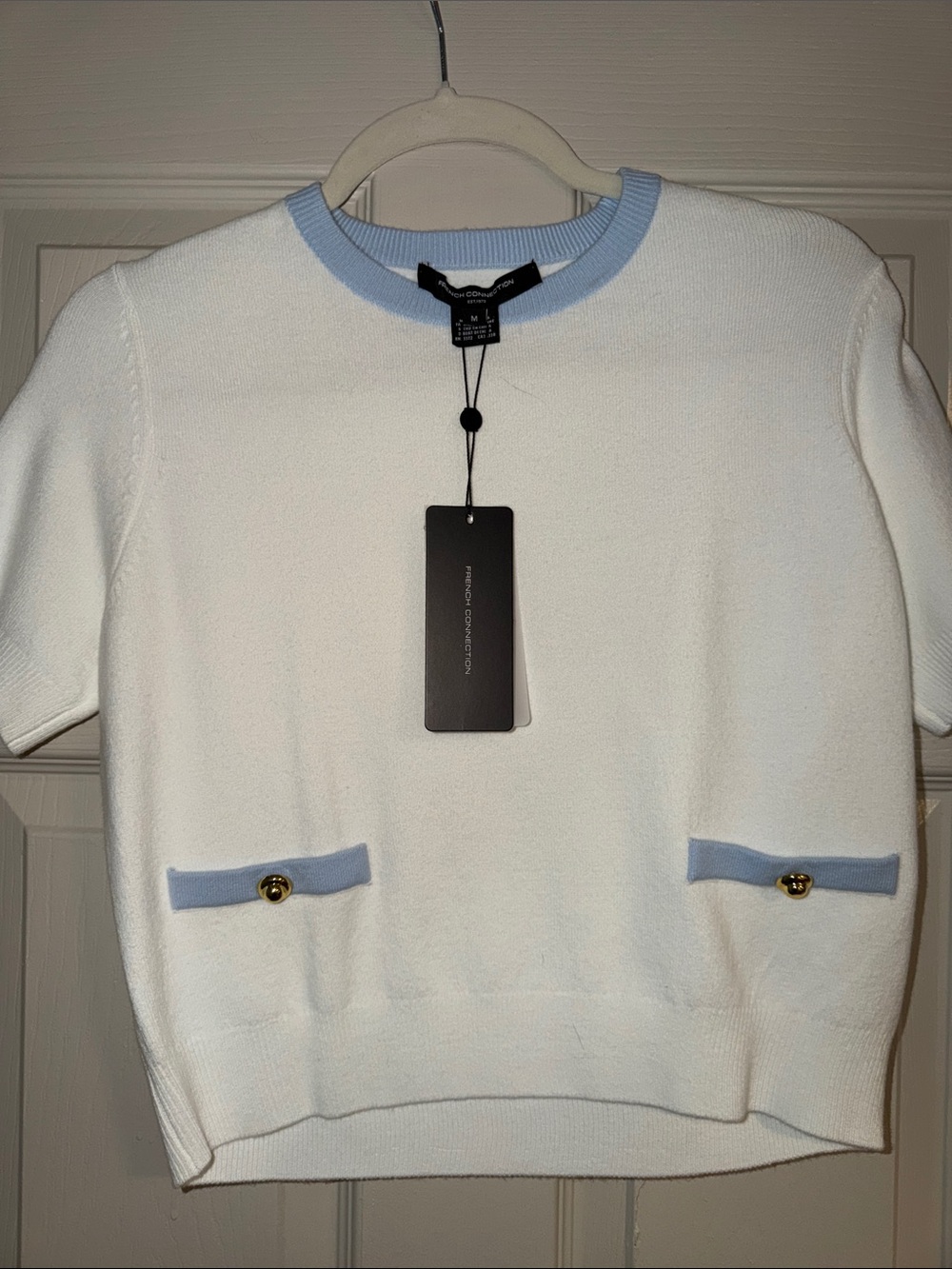 French Connection White Short-Sleeve Sweater with Light Blue Trim